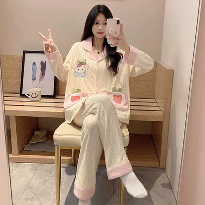 Pajamas women summer cardigan long-sleeved trousers suit summer ladies 2024 new cartoon spring autumn winter home clothes