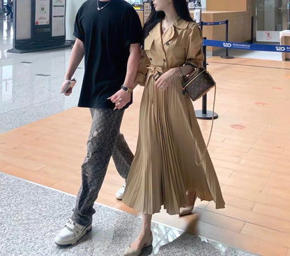French trench coat dress for women in autumn 2023 new design niche high-end light and mature slim pleated long skirt D691
