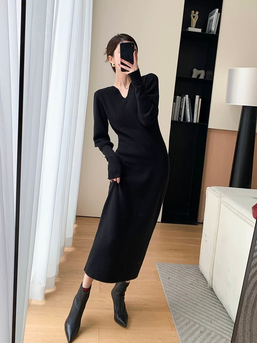 FT GUOGE black knitted dress for women 2023 autumn and winter new style French slimming with coat and bottoming skirt