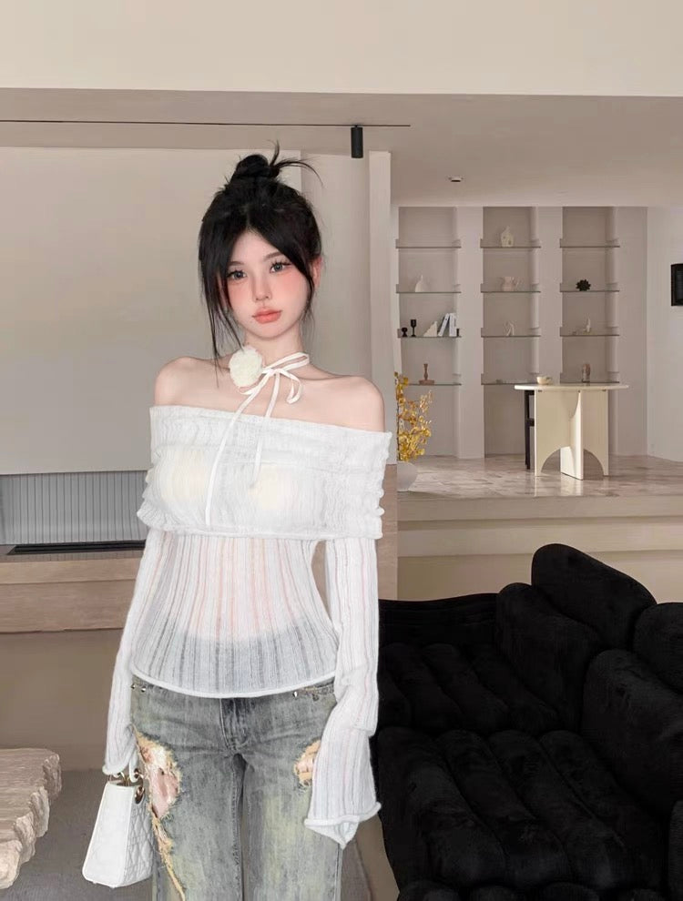 Yatoujia's trendy women's clothing~pure lust hazy pullover sweater for women autumn three-dimensional flower one-shoulder sweater (T0231)