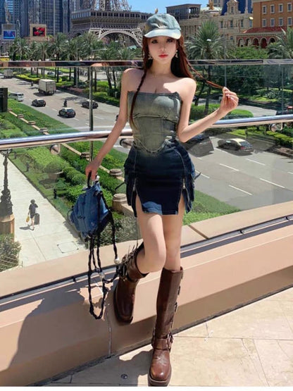 Temperament hot girl skirt 2023 summer new design sense niche fashion waist tube top bag hip denim dress female