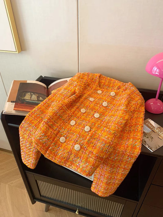 Orange double-breasted short style jacket for women in autumn and winter 2023 new style exquisite ladylike temperament and high-end sense top