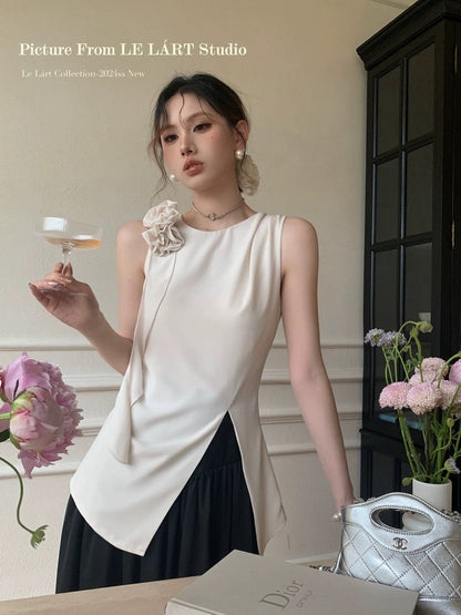 LELART summer new French temperament elegant little woman flower ribbon slim vest top slit small shirt