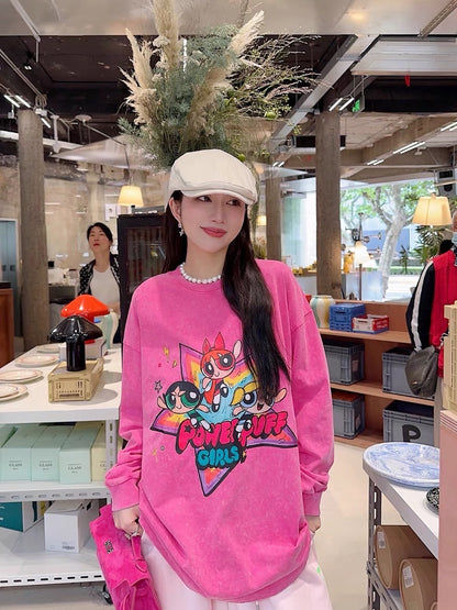 Thebestxue American loose pink Powerpuff Sheriff sleeve sweatshirt women's 2023 new popular jacket