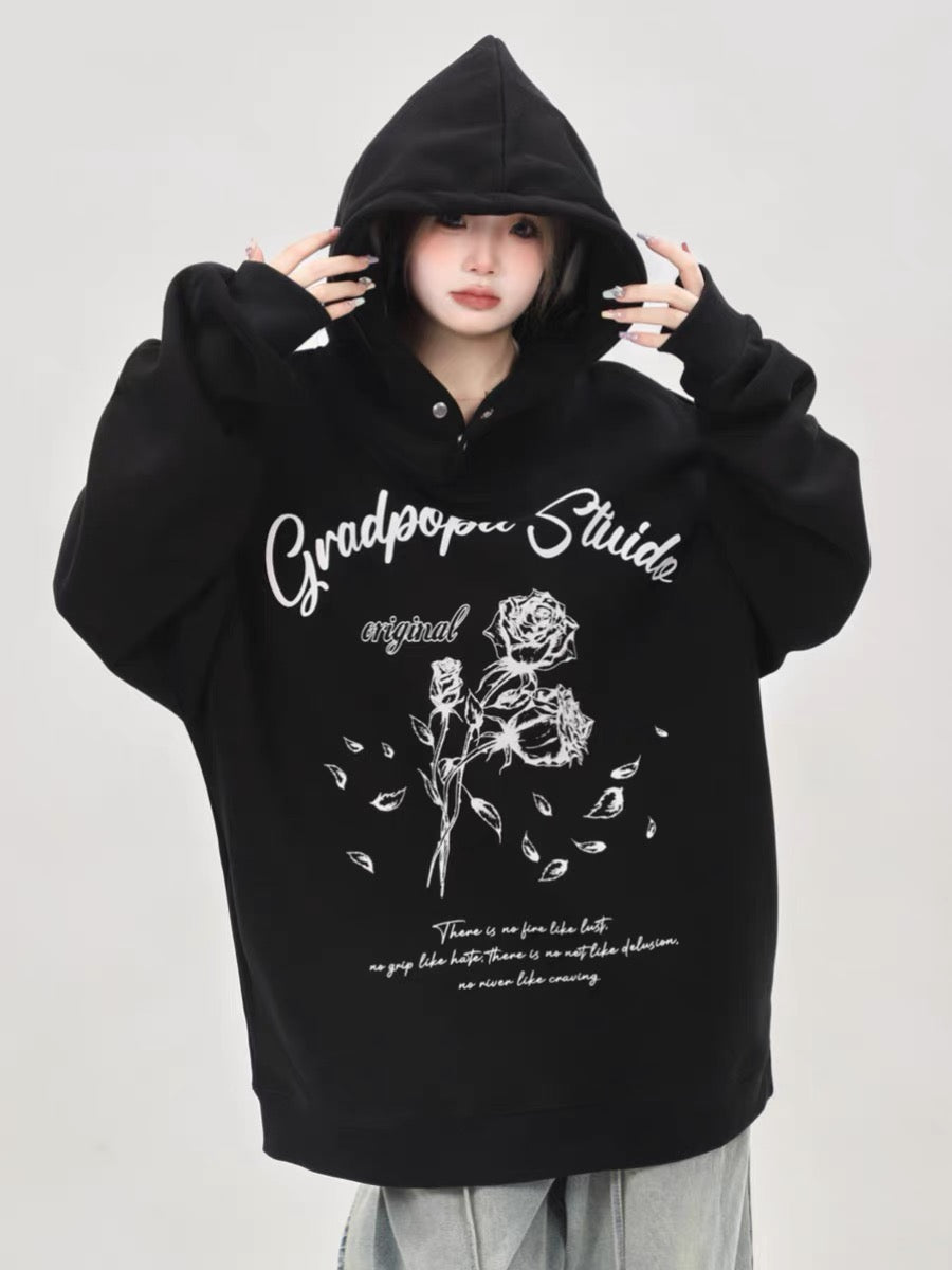 American retro lazy chic trendy brand oversize rose black sweatshirt women's hooded couple wear spring and autumn style A3352