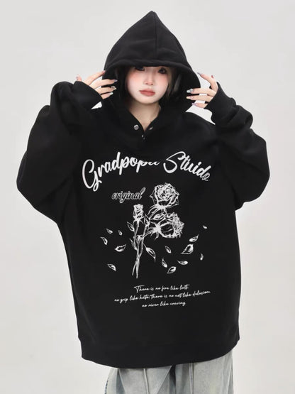 American retro lazy chic trendy brand oversize rose black sweatshirt women's hooded couple wear spring and autumn style A3352