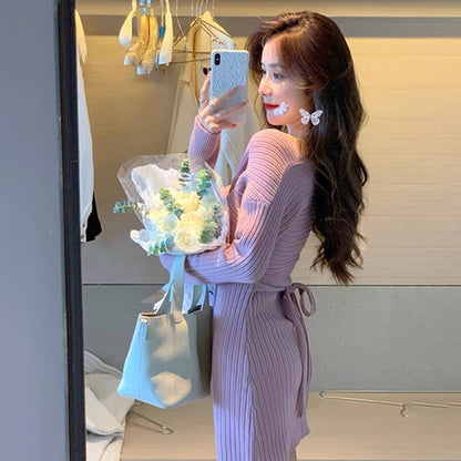 Pure lust pink off-shoulder knitted skirt 2023 new design v-neck slim waist and elegant hip-hugging dress A2275
