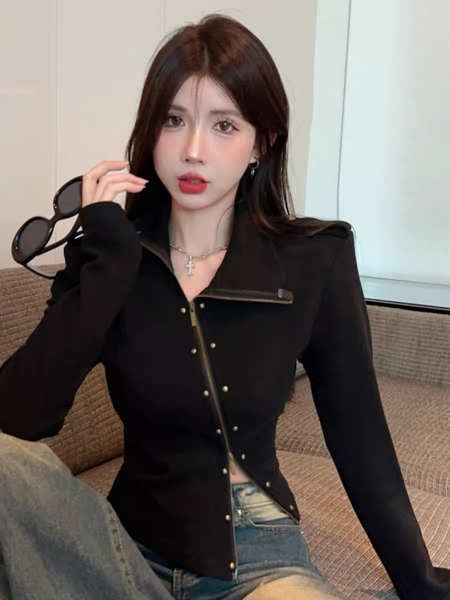 American autumn and winter retro design half-high collar diagonal double zipper rivet sweatshirt jacket women's short cardigan long-sleeved top
