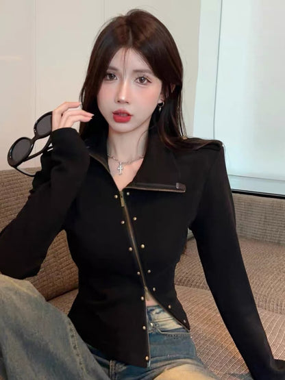 American autumn and winter retro design half-high collar diagonal double zipper rivet sweatshirt jacket women's short cardigan long-sleeved top