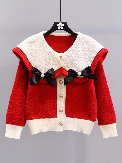 Japanese bowknot doll collar sweater coat women's autumn and winter 2023 new loose foreign style age-reducing knitted cardigan