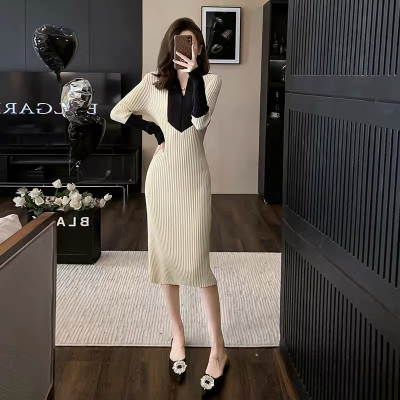Mid-length inner-layered high-end and elegant French-style small fragrance style color-blocked knitted dress for women in autumn and winter sweater skirt