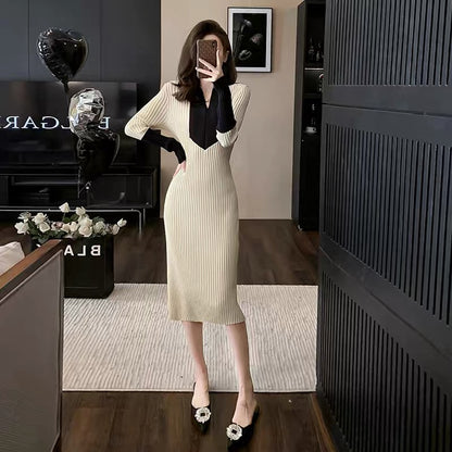 Mid-length inner-layered high-end and elegant French-style small fragrance style color-blocked knitted dress for women in autumn and winter sweater skirt