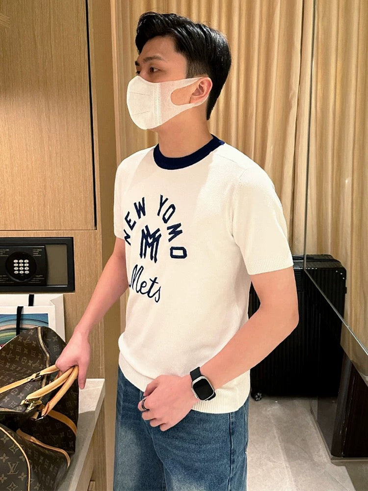 Summer new casual personalized letter embroidered white T-shirt men's fashion high-end slim round neck knitted short sleeve men
