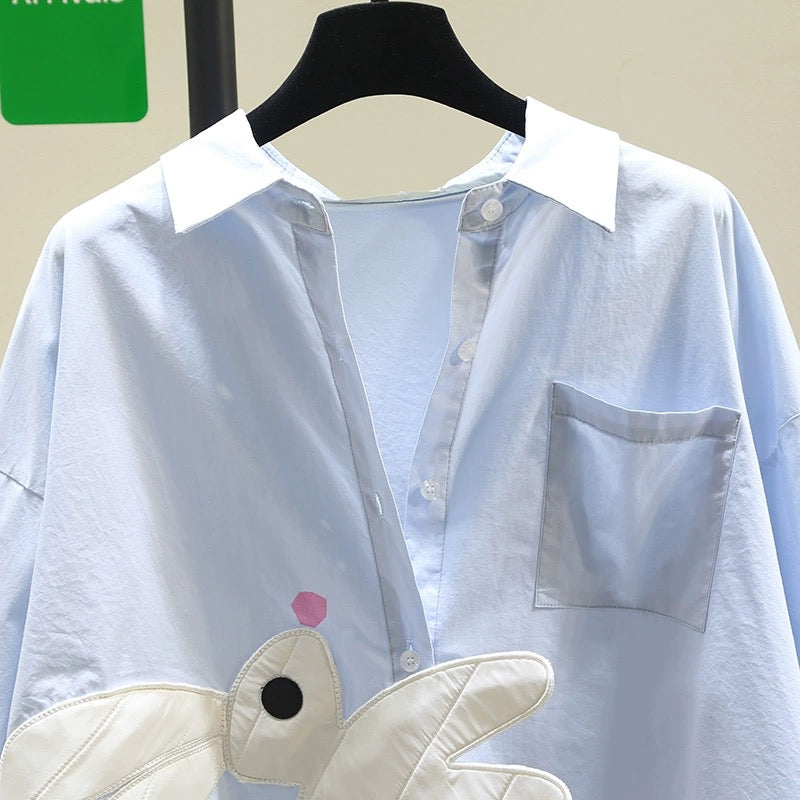 Artistic style small fresh blue shirt female 2024 spring new design sense loose casual shirt chic top
