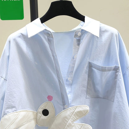 Artistic style small fresh blue shirt female 2024 spring new design sense loose casual shirt chic top