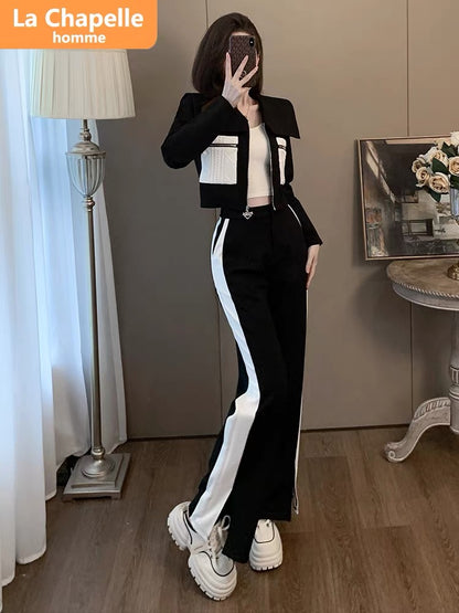 La Chapelle Xiaoxiangfeng casual sports suit for women autumn 2023 new temperament cardigan wide-leg pants two-piece set
