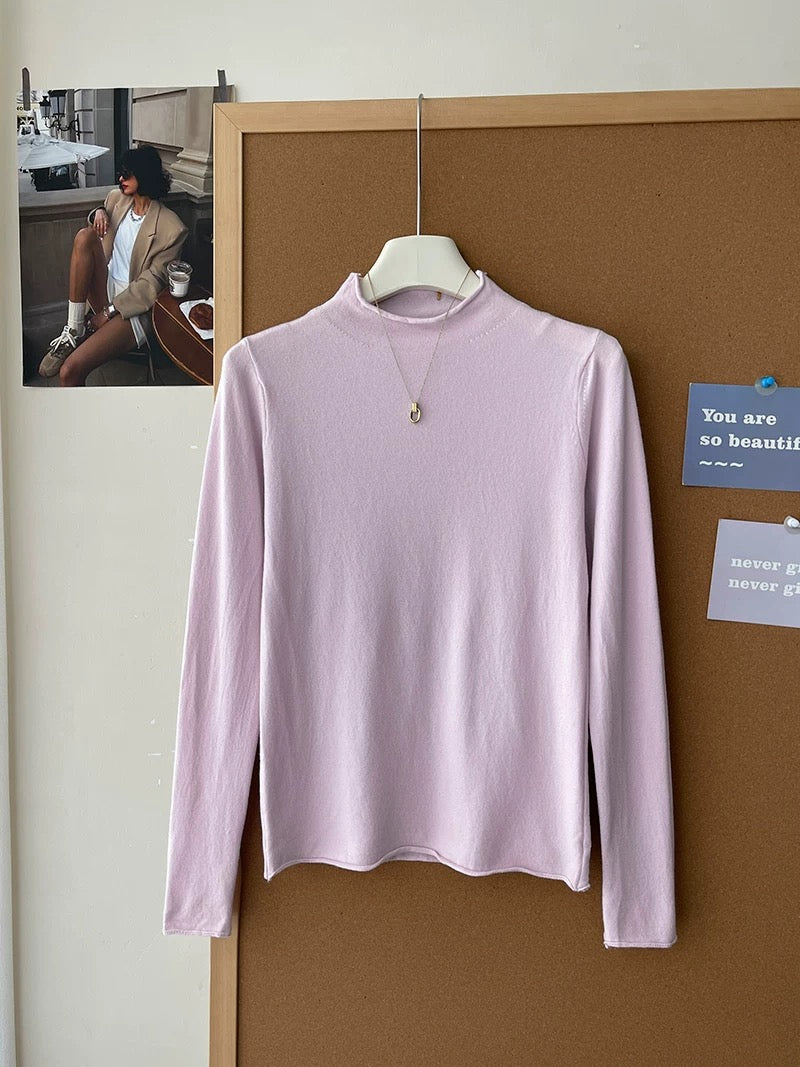 Retro soft and sticky cashmere rolled-edge turtleneck knit sweater for women, autumn and winter, gentle and versatile layering base layer top.