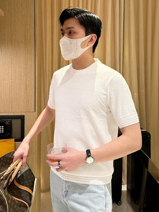 New summer white clothes men's round neck shirt T-shirt High-end custom solid color diamond jacquard short-sleeved T-shirt men