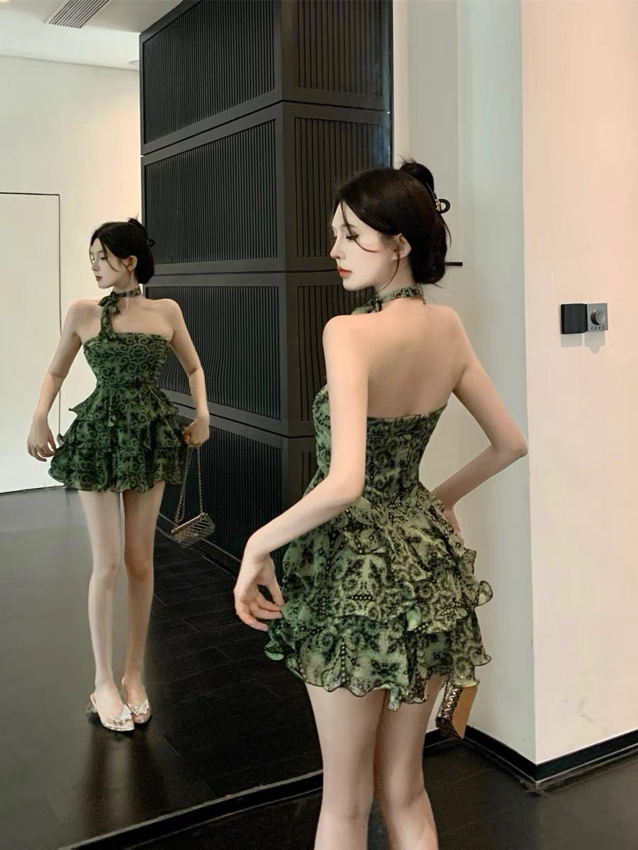 French tie halter neck floral sling dress female summer cake tutu skirt pure desire babes sexy tube top skirt