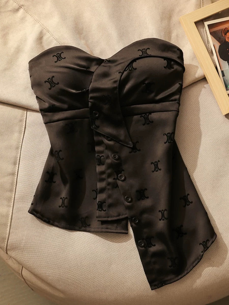 Xiaoxiangfeng printed camisole with breast pads for women's summer outer wear, one-shoulder, beautiful back, satin irregular tube top