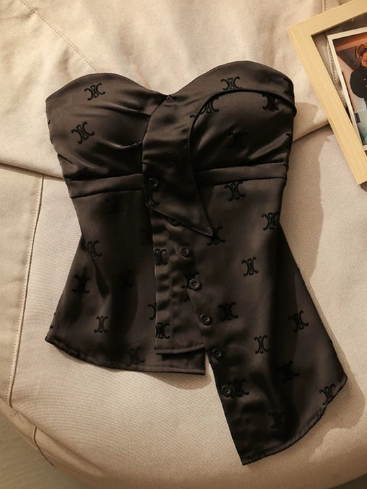 Xiaoxiangfeng printed camisole with breast pads for women's summer outer wear, one-shoulder, beautiful back, satin irregular tube top