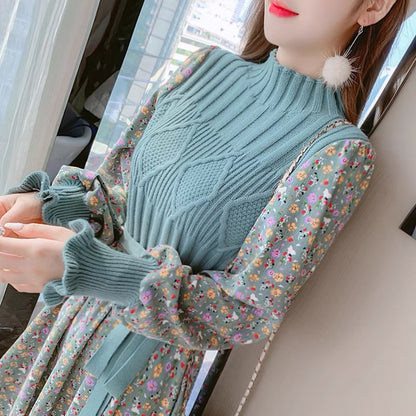 lolita early season corduroy dress women's autumn and winter 2023 new knitted bottoming floral skirt slimming