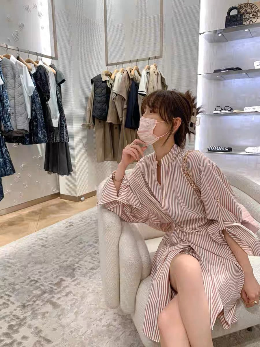 New spring and autumn French sweet age-reducing pink striped shirt skirt design irregular pleated dress