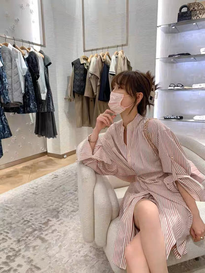 New spring and autumn French sweet age-reducing pink striped shirt skirt design irregular pleated dress