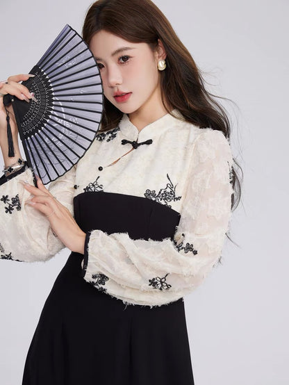 Volstagg New Chinese Style Black Dress Women's Autumn Improved Cheongsam Waist Buckle Long Skirt