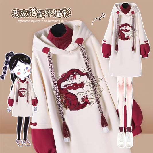 Maternity wear, winter fashion, velvet hooded sweatshirt, New Year's maternity spring suit, long-sleeved fake two-piece dress
