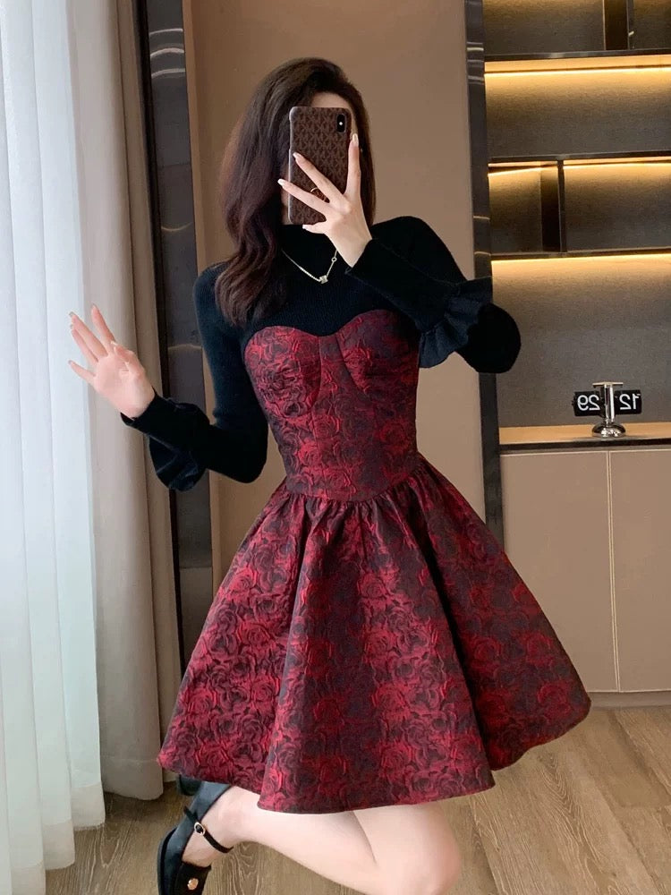 New autumn and winter high-end French style beautiful long-sleeved splicing dress for small women slimming tall red short skirt