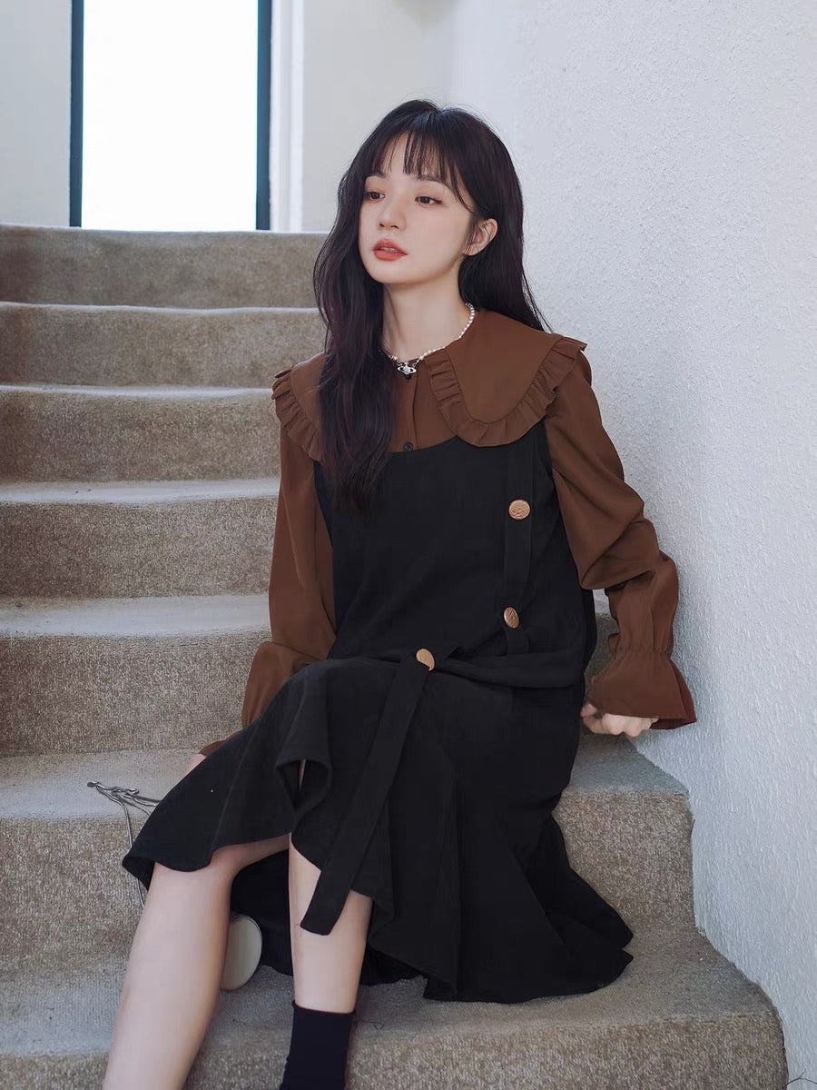 Fashionable age-reducing dress suit for women autumn 2023 new Korean style fashion shirt slimming suspender skirt two-piece set