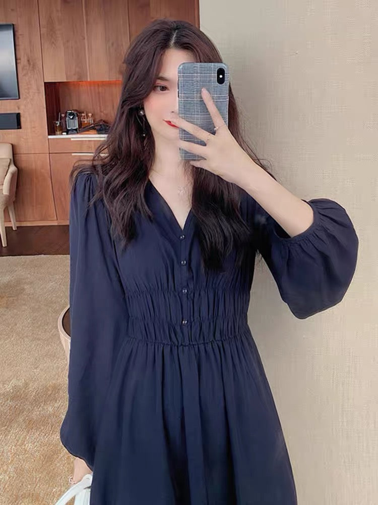 2023 new autumn women's clothing retro blue skirt light luxury niche street-popular dress design sense to reduce age (D5554)
