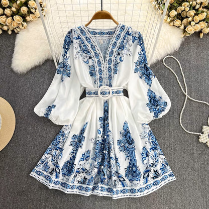 Spring and Autumn Commuting Retro Palace Style Positioned Print Lantern Sleeve V-neck Waist Slimming Single-breasted A-Line Dress