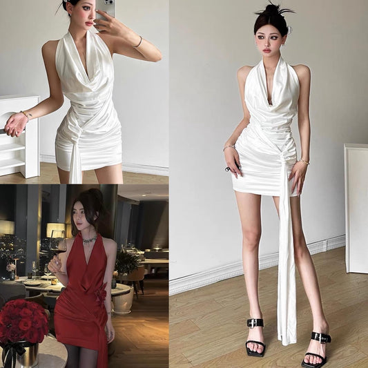 KLIOU Pure Desire Cold Style Swing Collar Halter Neck Sleeveless Dress Women's Design Slim Pleated Skirt Covering the Buttocks