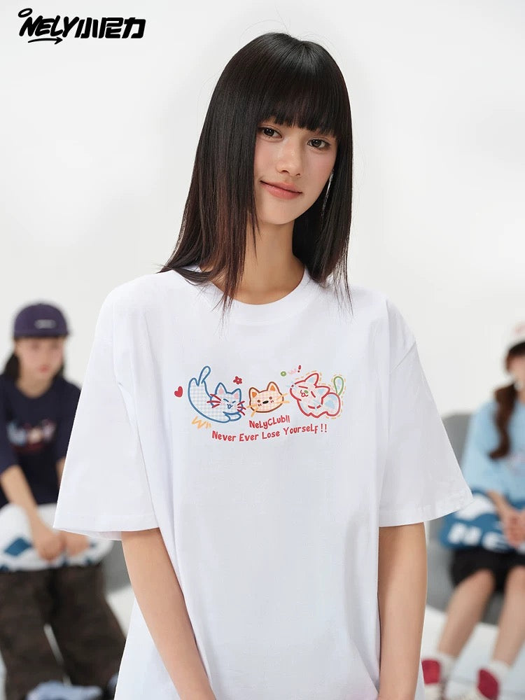 American cartoon cat print round neck short sleeve men and women summer 2025 couple pure cotton t-shirt half sleeve bottoming shirt trend
