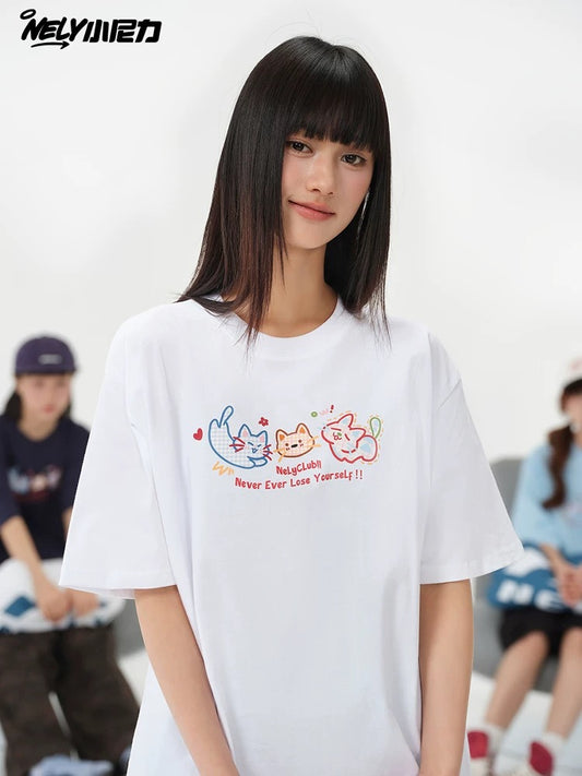 American cartoon cat print round neck short sleeve men and women summer 2025 couple pure cotton t-shirt half sleeve bottoming shirt trend