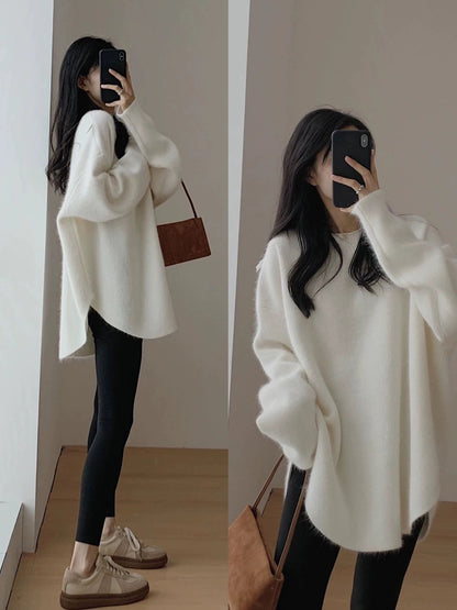 Raccoon velvet pullover sweater for women autumn and winter outer wear mid-length Japanese style lazy retro split knitted sweater winter thickening