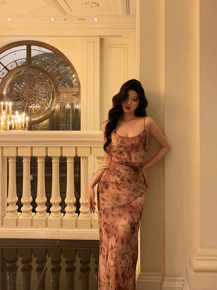 Ge Fuzhen Butterfly Print Suspender Dress Women 2024 Summer New Gentle Temperament Sleeveless Waist Long Dress
