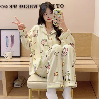 Pajamas women summer cardigan long-sleeved trousers suit summer ladies 2024 new cartoon spring autumn winter home clothes
