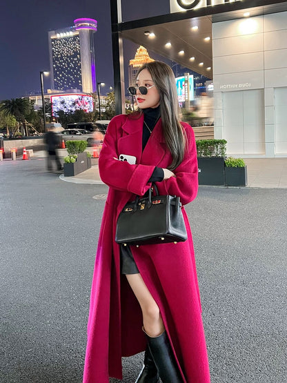 Red double-sided cashmere coat for women mid-length 2023 autumn and winter new style over-the-knee loose temperament wool coat