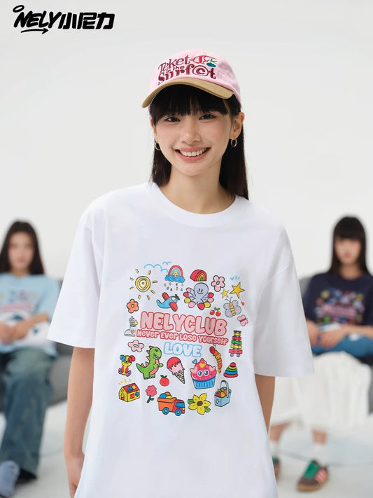 American cartoon cat print round neck short sleeve men and women summer 2025 couple pure cotton t-shirt half sleeve bottoming shirt trend