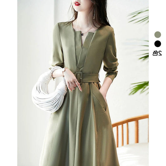 International first-line brand original single women's fashion slim French luxury high-end long-sleeved V-neck waist dress
