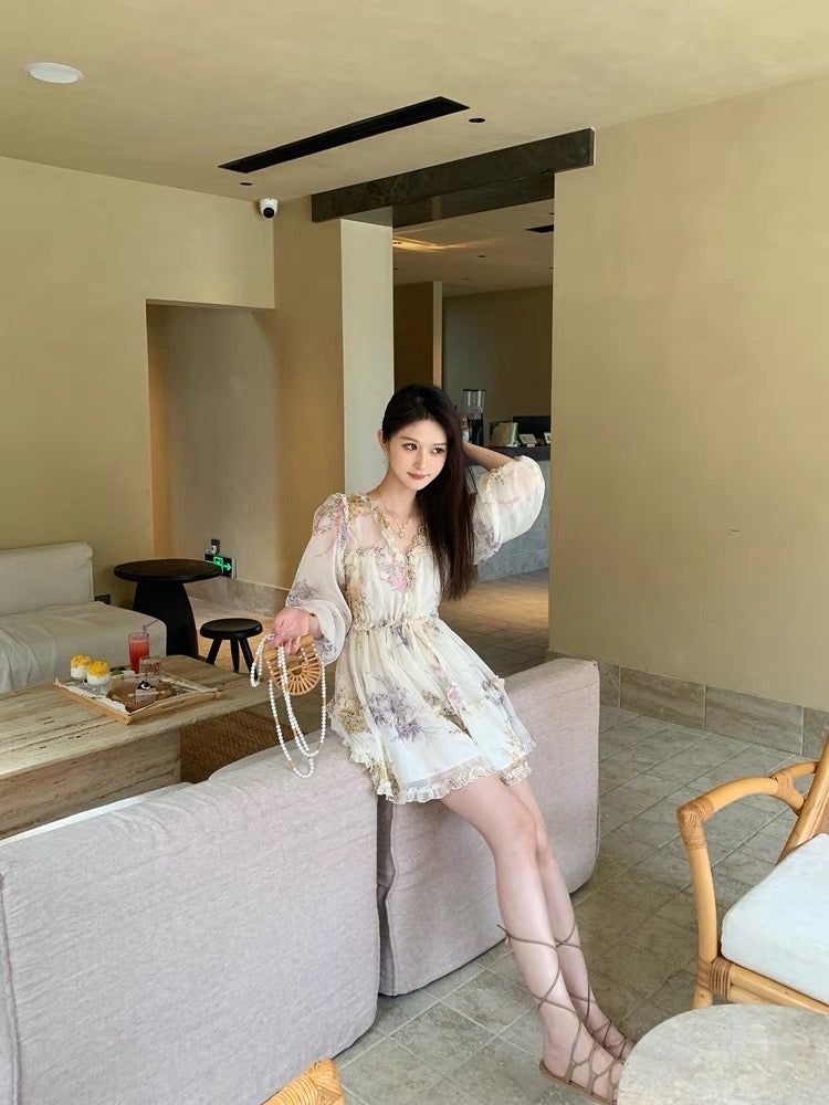 Juicecola Gentle and Sweet Floral Dress Spring and Autumn New Style Waist-Winning V-Neck Beautiful Miniskirt D612