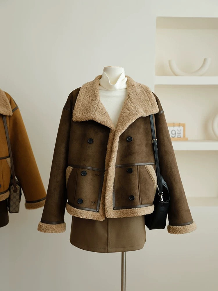 Candy candy fur one-piece lamb hair short coat for women 2023 new winter suede motorcycle jacket