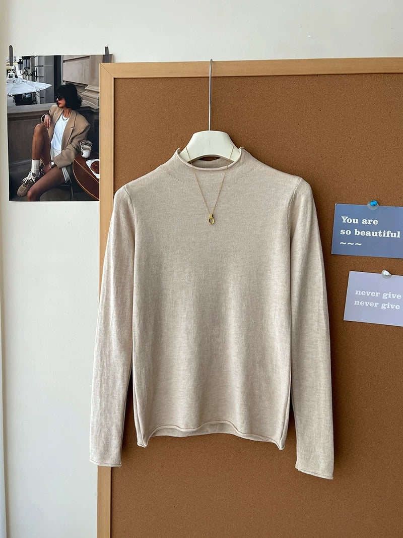 Retro soft and sticky cashmere rolled-edge turtleneck knit sweater for women, autumn and winter, gentle and versatile layering base layer top.