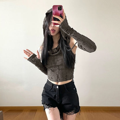 KLIOU retro wasteland style personalized handmade frayed hooded vest with sleeves slimming high waist hot girl top summer