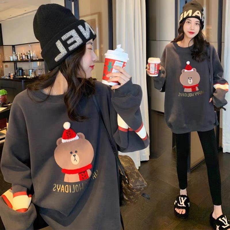 Maternity Autumn Wear Set 2023 Fashion Internet Celebrity Plus Velvet Thickened Bear Top Pregnancy Large Size Sweatshirt Two-piece Set