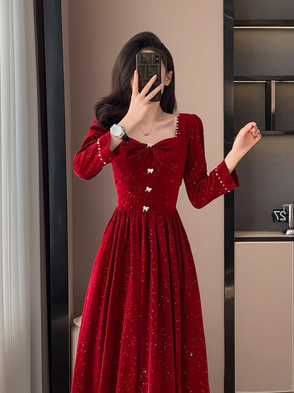 Autumn and winter new style retro temperament elegant light luxury high-end long skirt engagement red sequined mini dress dress