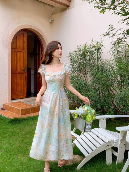 Zhang Xinzi [Summer Color Palette] French Square Neck Dress Women's Summer New Gentle Fairy Dress Tea Dress